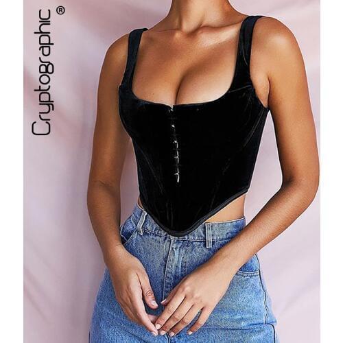 Cryptographic Black Hooks Sleeveless Crop Tops Fashion Sexy Backless Zipper Party Tank Tops Vest Underwear Cute Bustier Tops