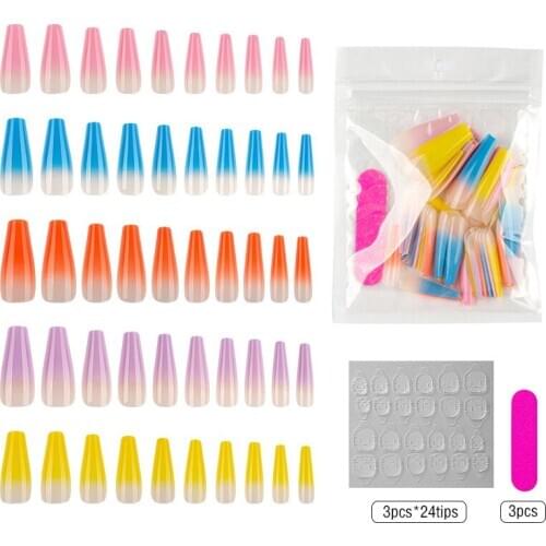 Long Ballerina False Nails Wearable Colorful Coffin Nails Full Cover Press on Nail with Jelly Glue Gradient Stripe Fake Nail Set
