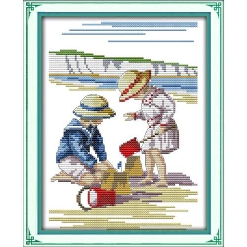 Play in the seaside cross stitch kit catoon all our yesterday Aida count 18ct 14ct 11ct print embroidery DIY handmade needlework
