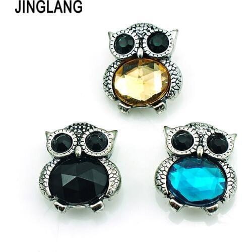 JINGLANG Fashion 3 Color Crystal Owl 18mm Snap Button Metal Clasp Button DIY Interchangeable Jewelry Accessories Free Shipping