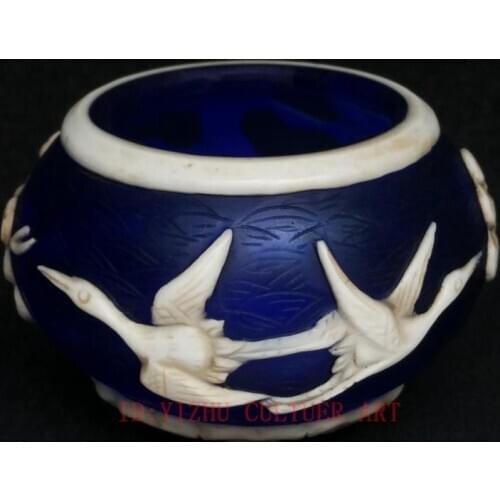 YIZHU CULTUER ART Collection China Old Glass Manual Carving Pine Tree Crane Water Washing Bowl Cup