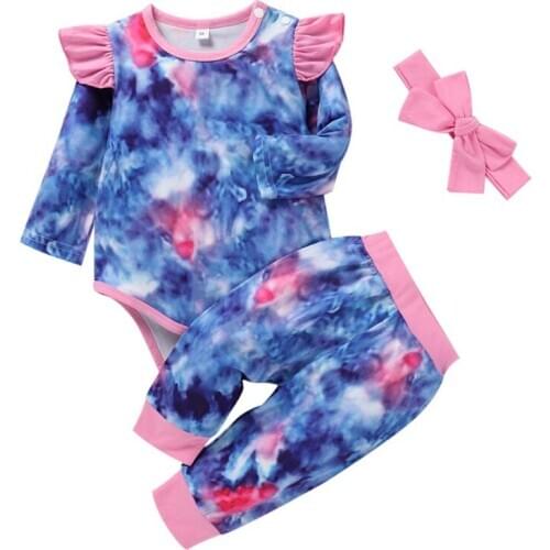 Summer Baby Girl Boy Tie-dye Print Long Sleeve Romper Top Trousers Headband Outfits Clothes Set