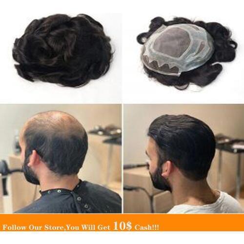 BYMC Fine Mono Mens 100% Human Remy Hair Toupee For Men Hairpiece Natural Looking Remy Hair Mens Wig Replacements Comfortable