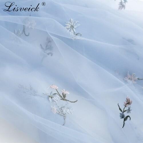 Soft mesh tulle fabric orchid flower embroidery lace fabric net yarn handmade diy wedding dress skirt clothing material 50x160cm