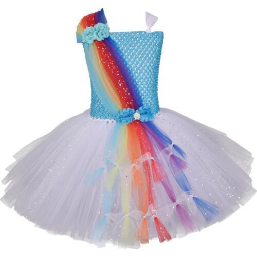 New Girls Glitter Rainbow Tutu Dress Tulle Princess Birthday Party Dress Girls Clothes Fancy Dresses Kids Halloween Costume