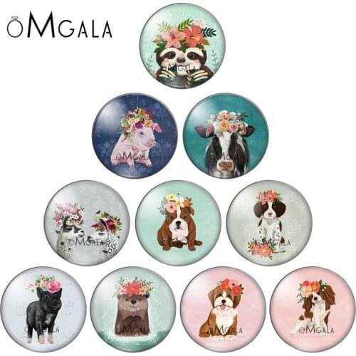 Cartoon Lovely Dog Cow Pig Flower Animals Paintings 8mm/10mm/ 12mm/Round photo glass cabochon demo flat back Making findings