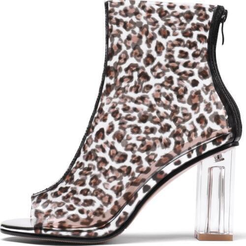 Original Intention Super Stylish Women Ankle Boots Leopard Transparent Peep Toe Clear Heel Boots Summer Shoes Woman Plus Size