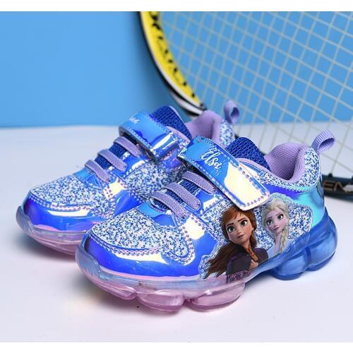 Disney girls cartoon frozen soft bottom casual sports shoes fashion girls running shoes with LED lighting shoes