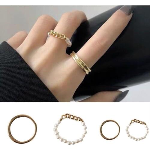 Simple Gold Color Finger Knuckle Ring Simulated Pearl Bead Rings For Women Trendy Reto Chain Elastic Jewelry Woman Anillos