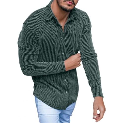 Men Shirts Elastic Solid Color Shirt Turn-down Collar Long Sleeve Slim- Fit Top Stripe Male Casual Top Formalwear Autumn