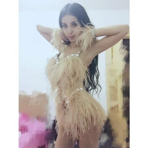 Stage costumes for singers modern dance women girls sexy evening party stage ostrich feather one-piece diamond bra