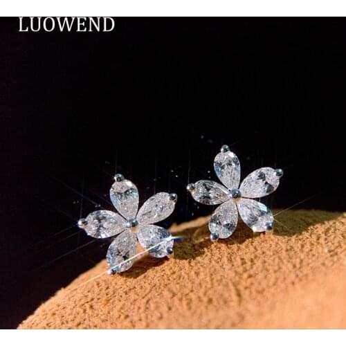 LUOWEND Real 18K White Gold Earrings Pear Cut Diamond Earrings Cherry Blossoms Shape Design Stud Earring Engagement Jewelry