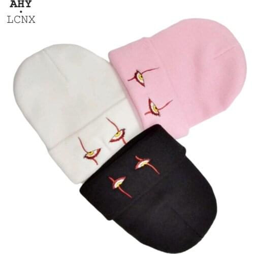 Unisex Woolen Beanie Hat Autumn Winter Hip Hop Skullies Halloween Caps Scary Clown Eyes Embroidered Warm Knitted Hat Beanies