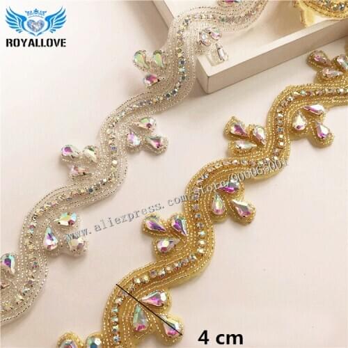 Glass Beaded AB Crystal Gold Base Flower Rhinestone Iron on Chain Trim For Wedding Evening Dress Sash Belt Decoration 10 yards