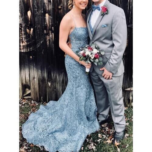 VKBRIDAL Long Lace Mermaid Prom Dresses Halter Criss Cross Back Sleeveless Sweep Train Formal Evening Homecoming Party Gowns