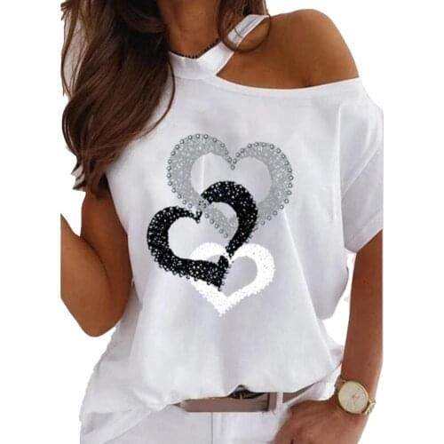 Women Summer T-shirt 2021 Heart Print Short Sleeve Sweet Women Round Neck Hollow Out Shoulder Top for Party