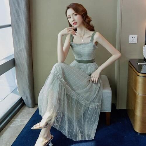 Women 2021 Summer Fashion Chiffon Mesh Dresses Female Sexy Square Collar Camisole Dress Ladies Loose Sleeveless Vestidos K249