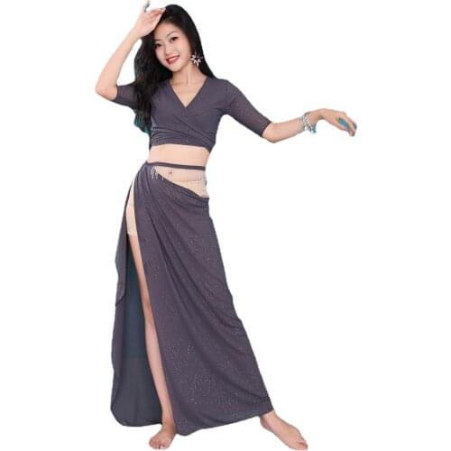 2 Pcs Top Long Skirt Breathable Simple Practice Wear Women Summer Dancing Suit Belly Dance Costume
