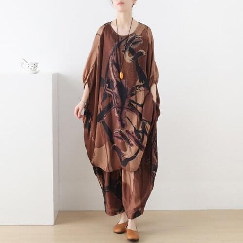 Johnature Women Vintage Two Piece Suit Real Silk Print Floral O-Neck Bat Sleeve Top And Elastic Waist Cross-Pants Casual Suit