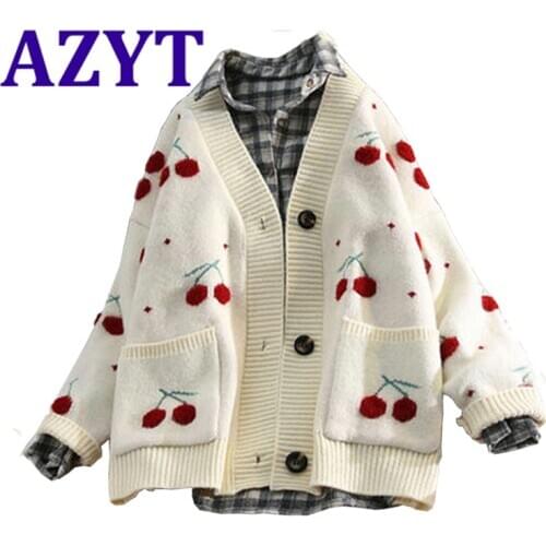 AZYT Fruit Cherry Embroidery Knitted Cardigan Autumn 2020 V Neck Oversize Woman Sweater Cardigan Jacket Winter Warm Knitwear