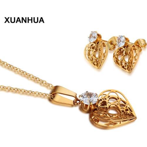 XUANHUA Fashion Stainless Steel Jewelry Sets For Women Zirconia Heart Necklace And Earing Set Indian Jewelry Set Wedding