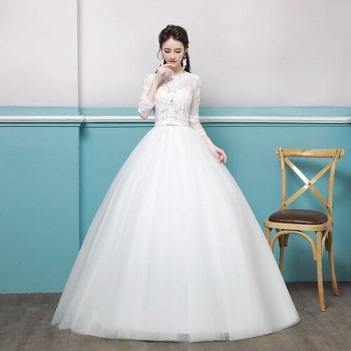White Sequins Embroidery Wedding Dress Three Quarter Sleeves O-Neck New Plus Size Wedding Gowns for Women Vestidos De Novia G061