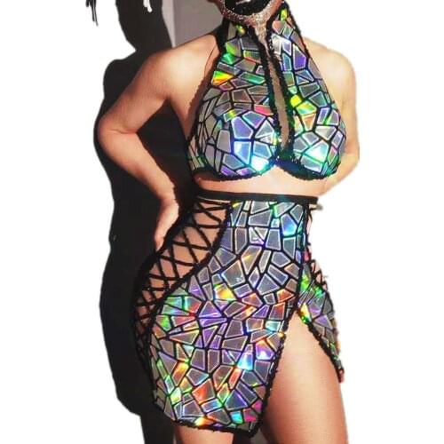 Sparkly Halter Sequin Short Dress Bikini Sleeveless Two-Piece Suit Mirror Festival Clothing Dance Costume Prom Party Outfit