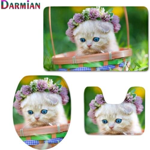 Kawaii Blue eyes white Kitten 3pcs/Set Toilet Seat Cover Bathroom Accessories Washable Floor Rugs WC Rugs Bath Accessories Set
