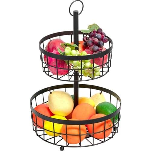 Black Simple Rotatable Double-layer Fruit Basket Multifunctional Creative Wrought Iron Kitchen Storage Basket Picnic Basket