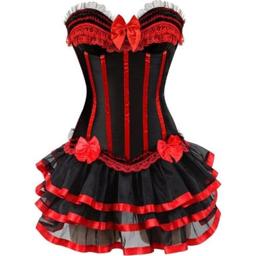 Women Fashion Corset Dresses Palace Striped Lace Sexy Cup Overbust Corset And Skirt S-6XL