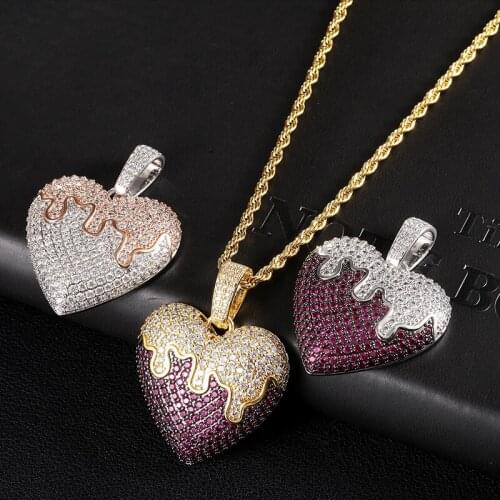 Hip Hop Rose Heart Pendant Iced Out Bling Cubic Zirconia AAA CZ Necklace & Pendant For Men Jewelry With Solid Back
