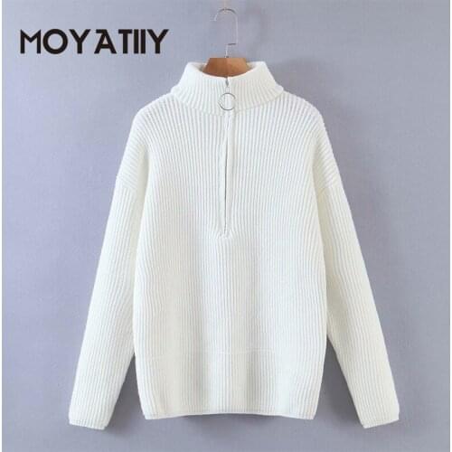 MOYATIIY Fashion Women Winter Thick Warm Sweaters White Solid Turtleneck Highstreet Pullovers with Circle Zip Female Tops