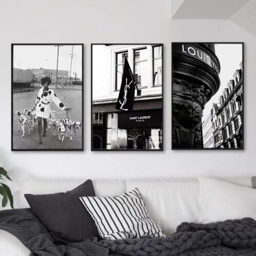 Fashion Paris Brand Model with Dog Wall Art Canvas Painting Black and White Poster and Print Pictures for Living Room Home Decor