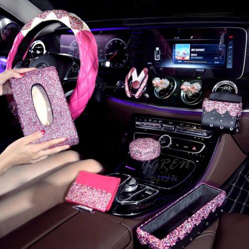 Pink Ornaments Series Crystal Car Steering Wheel Cover for Girls Car Accessories Ladies Bling Rhinestone Set