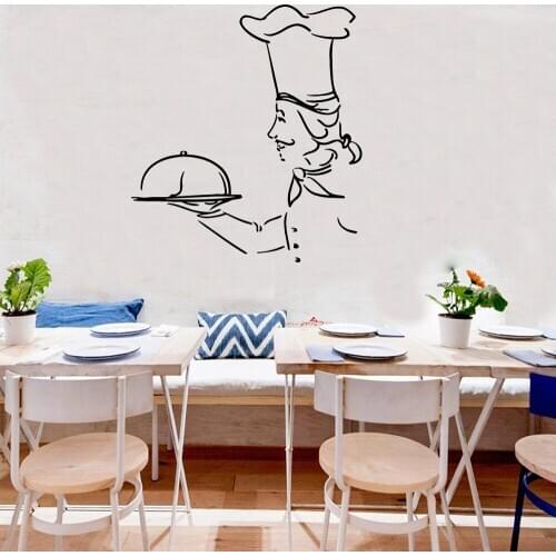 Server Man With A Tray Cook Chef Wall Sticker Kitchen Cafe Interior Wall Decals Home Decor Living Room Removable Decoration