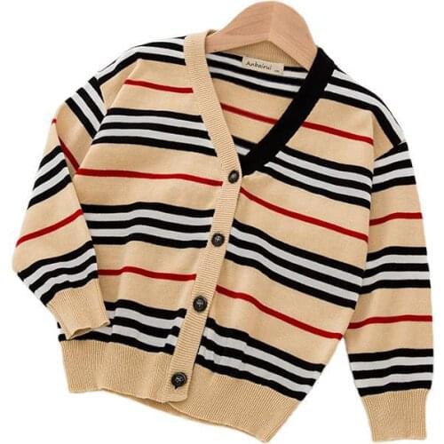 New 2020 kids winter clothes thin cardigan knitted striped baby girl boys sweaters coat 1-7 years