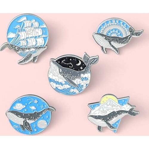 New cartoon animal whale creative sail planet ocean wave dripping oil brooch