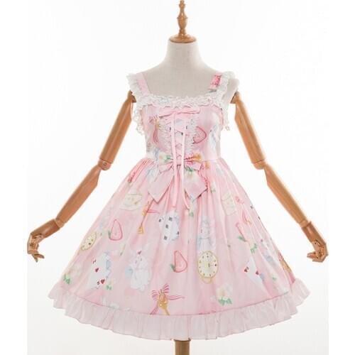 Lolita JSK Dress Alice Rabbit Print Cute Bows and Ruffles Lace Summer Dress