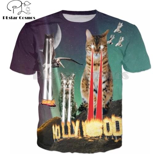PLstar Cosmos Brand Short sleeve Cats Destroy Hollywood T-shirt Funny Kitten 3d Print Unisex t shirts summer Streetwear tee tops