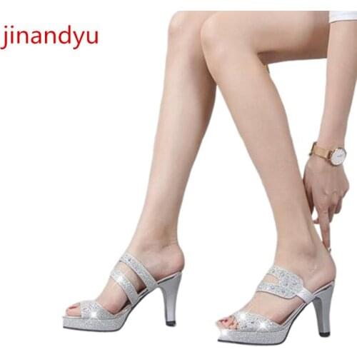 Platform Sandals Chunky Heels Woman Slippers Crystal Fashion Women Sliver Black Heels Slippers Women Summer Shoes High Heels