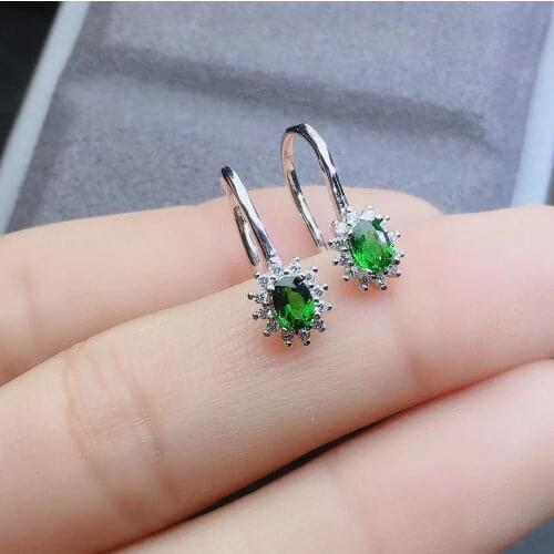 Natural green diopside drop earrings 925 silver natural green gemstone earrings women fashion simple round Diana for party gift