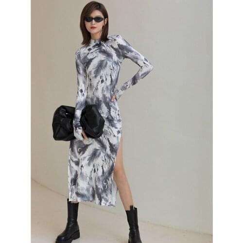 Spring and Autumn New 2021 Printed High Split Knit Dress Slim Sexy Long Buttock Dress Vestido de mujer