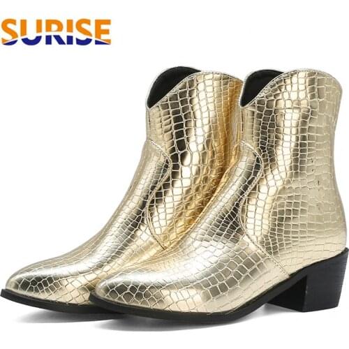 Winter Western Ankle Boots Women Med Square Heels Black Crocodile Print Dress Office Lady Plush Pointed Toe Zipper Cowgirl Boots