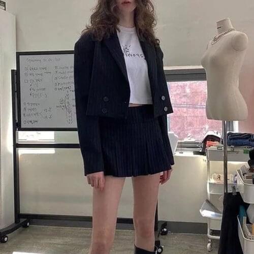 XEASY 2021 Women Two-piece Set Navy Blue Stripe Vintage Office Lady Short Blazer Female Casual Slim High Waist Skirt Suit
