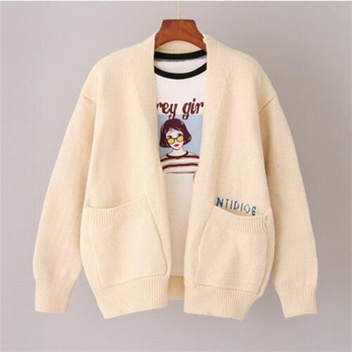Autumn Cardigan Woman Sweater 2019 New Korean Long sleeve V-neck Embroidery Knitting Cardigan Sweater Loose Knit Coat Jacket 789