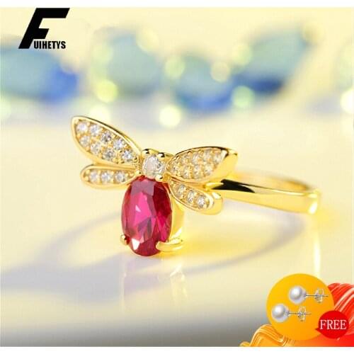 Fashion Ring 925 Silver Jewelry for Women Wedding Engagement Party Accessories Bee Shape Ruby Zircon Gemstone Open Finger Rings