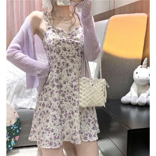 2021 French Summer Flower Print Tie Bow Spaghetti Strap Dress Retro Women Wood ear V neck Ruched Back Sling Tea Dresses