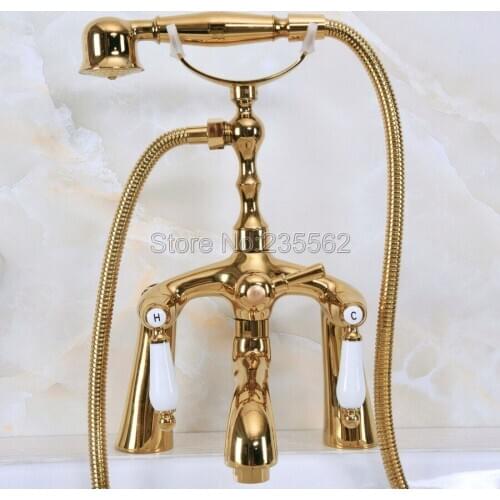 Golden Brass Clawfoot Bathtub Faucet Deck Mount Bathroom Handheld Shower lna133