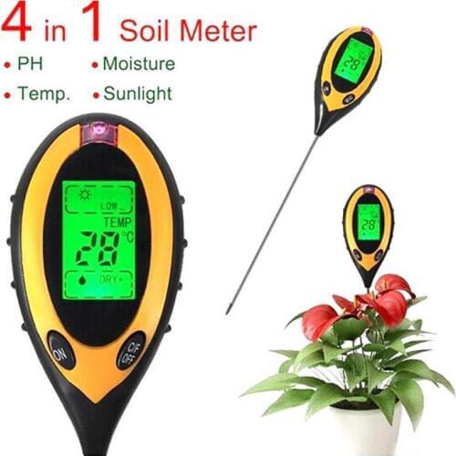 4 In 1 Digital PH Meter Soil Moisture Monitor Temperature Sunlight Tester For Gardening Plants Farming With Blacklight