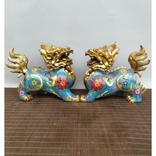 8" Tibet Buddhism Old bronze Cloisonne Enamel Long-tailed unicorn statue A pair Fire Kirin Ward off evil spirits Town House